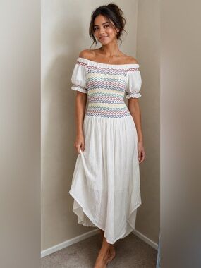 Free People Off-Shoulder Cream Dress with Multicolor Zigzag